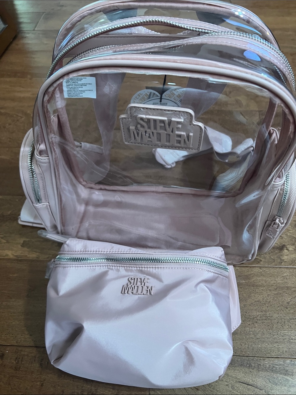 Steve Madden Rose Pink Clear Mini Backpack with Front Pouch and Silver Zippers